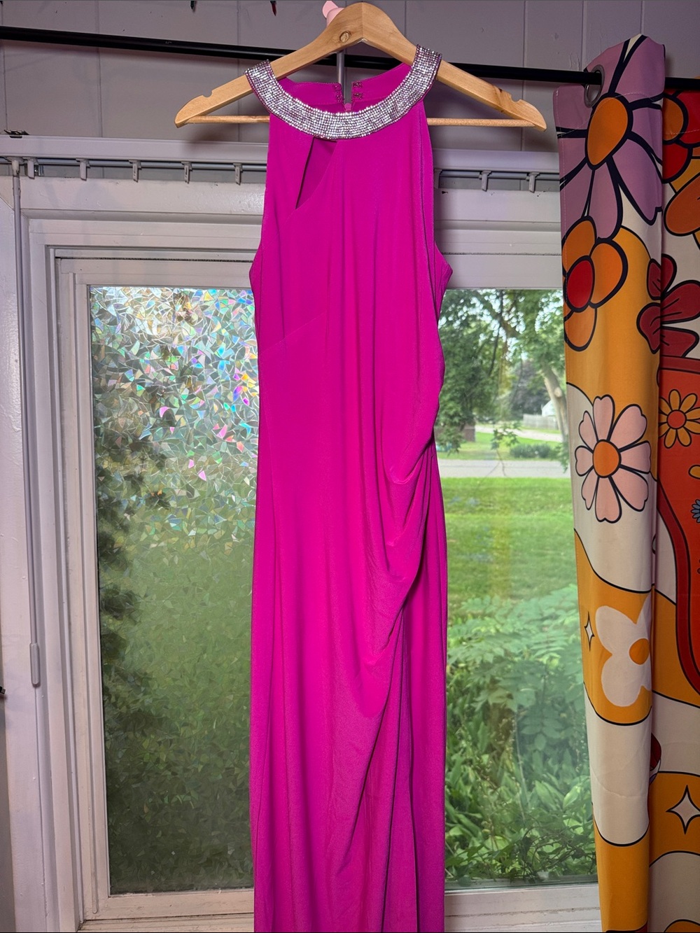 Rhinestone Halter Prom Gown in Fuchsia
